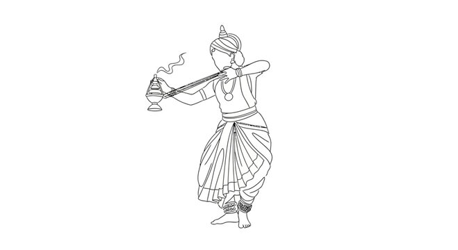 Line art illustration of a traditional Indian classical dancer holding a smoking incense burner.