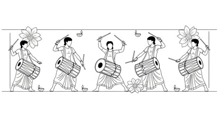 Obraz premium Line art illustration of five traditional Indian drummers performing with dhol drums.