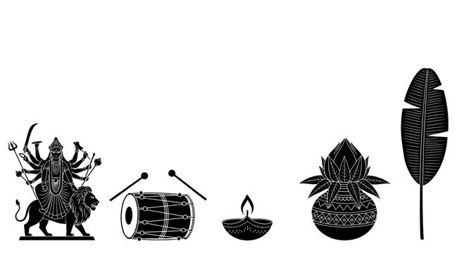 Durga Puja festival elements including goddess idol drum diya kalash and banana leaf.