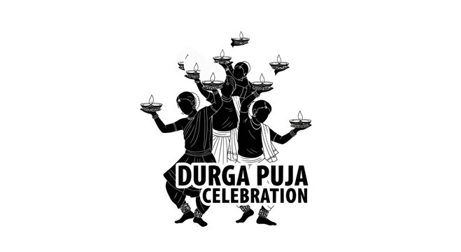 Silhouette illustration of traditional dancers performing Dhunuchi dance during Durga Puja festival.