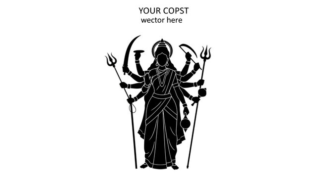 Black silhouette illustration of the Hindu goddess Durga holding various weapons.