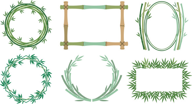 Bamboo Frame and Tropical Leaf Wreath Border Collection Featuring Organic Wood Stems Rectangular Borders Circular Greenery Laurels and Asian Style Decorative Foliage Vectors
