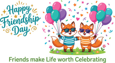 Naklejka premium Happy friendship day illustration two foxes with balloons and festive decorations
