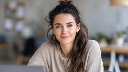 Obraz premium Smiling woman with hair in a loose bun using a laptop for an online course in a modern home interior. Perfect for e-learning, remote work, education and lifestyle concepts.