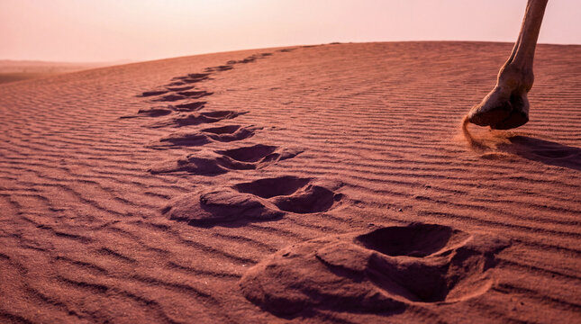 Camels toe leaving deep footprints across smooth red desert sand at sunset