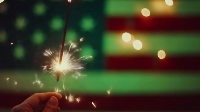 Glowing Sparkler in Front of the USA Flag for Independence Day and Fourth of July