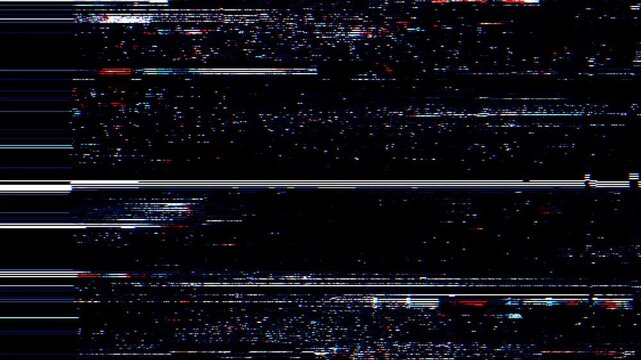 Glitch effect animation with digital noise and horizontal interference. Static black screen with corrupted signal texture for computer error and technology concept.
