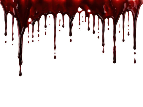 Horizontal flow of dripping blood isolated on transparent background