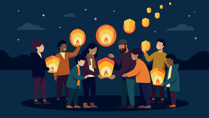 Naklejka premium Diverse group of people releasing sky lanterns at night