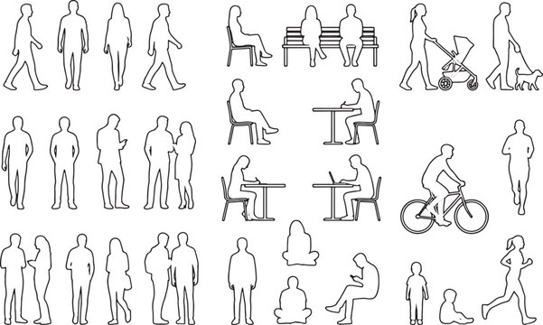 Architectural human scale reference sheet with vector silhouettes of people in various poses for interior design and urban planning project visualization layouts