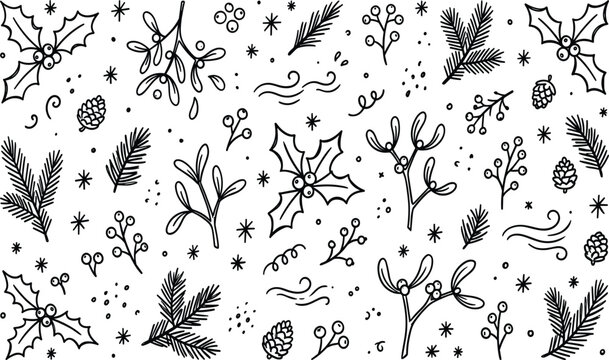 Winter Holiday Seamless Pattern Vector Template with Hand Drawn Christmas Doodles of Holly Berries, Mistletoe, and Fir Twigs for Wallpaper Backgrounds