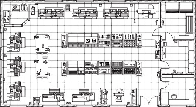 Industrial workshop floor plan layout with machinery and storage shelving units in a technical architectural blueprint style vector illustration for manufacturing facility planning