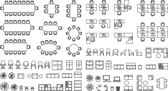 Office furniture top view vector set including conference tables desks chairs sofas and interior decor elements for architectural floor plan design projects