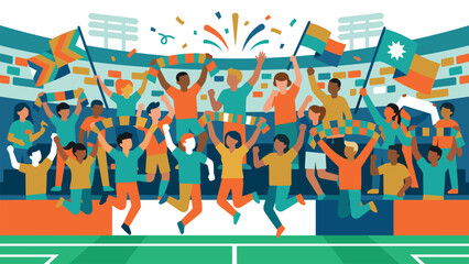 Obraz premium Diverse group of happy fans cheering at a sports event with flags and confetti