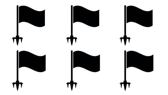 Six black flags waving on poles with spear tips on white background