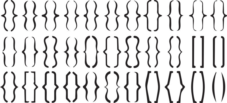 Punctuation Set: A collection of various bracket types, including curly braces, parentheses, and square brackets, arranged in rows on a clean white background.