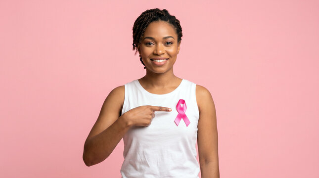 Woman points to pink ribbon symbol for breast cancer awareness Outubro Rosa on her shirt