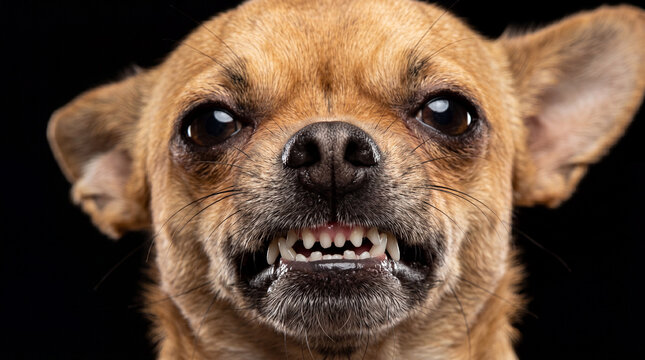 Close up portrait of an angry chihuahua dog showing teeth and snarling with an aggressive expression against a dark black background
