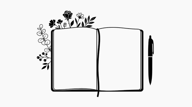 An open notebook with delicate floral embellishments on one side and a pen on the other, suggesting creativity and inspiration.
