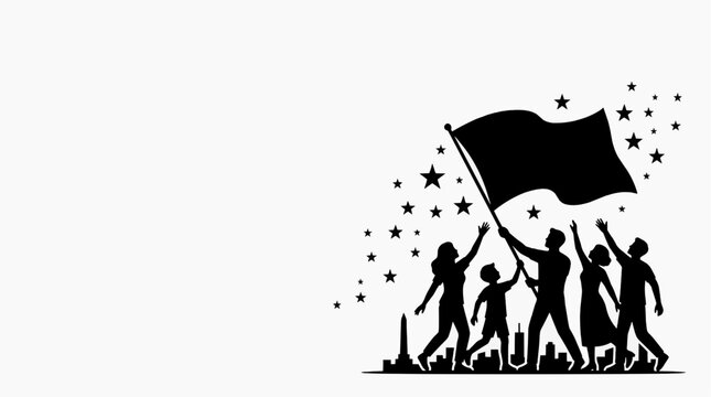 A group of diverse individuals marching together holding a flag, with stars above them, symbolizing unity, protest, and collective action.