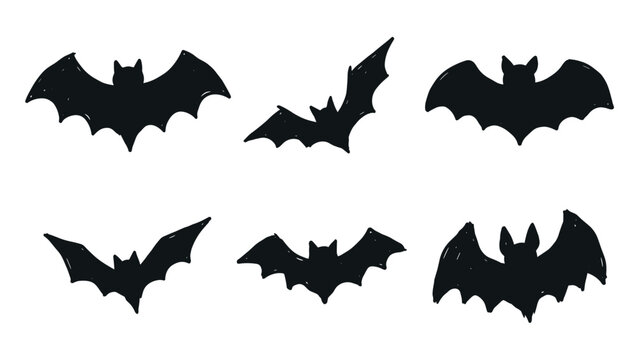 Collection of hand drawn black bat silhouettes on white background