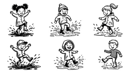 Fototapeta premium Children happily jumping in puddles on a white background