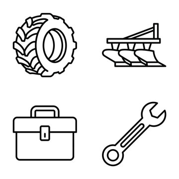 A set of four line art icons representing agricultural and mechanical equipment.