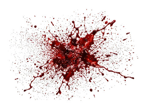 Red blood splatter with digital pixelation and glitch effect, isolated on transparent background
