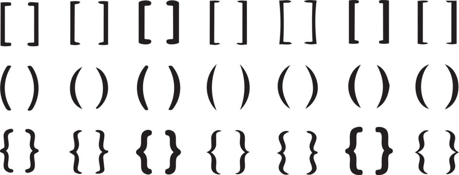 Assortment of Brackets and Parentheses: A clean and organized display of different types of punctuation marks, including square brackets, parentheses, and curly braces, isolated on a plain surface.