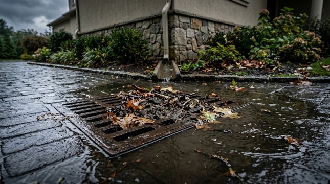 Clogged drain grate with autumn leaves on driveway next to house downspout during rain.