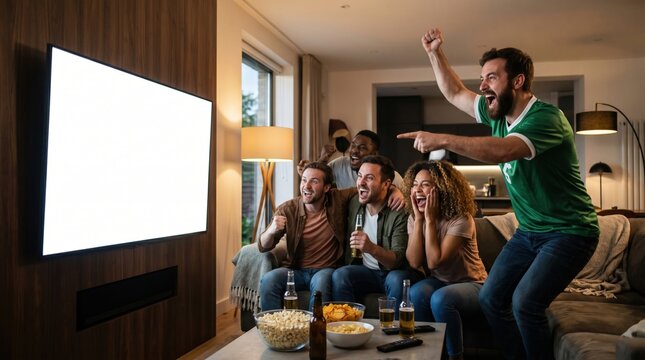 Group of happy diverse friends watching sports game on mockup TV screen celebrating win at home.