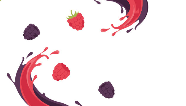 Fresh raspberries and blackberries surrounded by vibrant fruit juice splashes depicted in a stylish vector illustration.