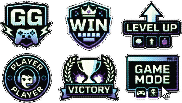 Esports gaming stickers vector pack with motivational phrases and symbols