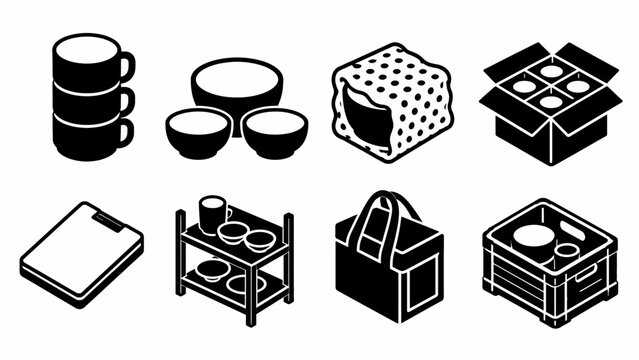 Black and white kitchenware icons: mugs, bowls, bento, and boxes