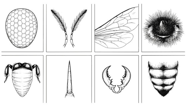 Vintage scientific sketches detailing various insect anatomical parts including wings, antennae, stingers, eyes, and segmented bodies.