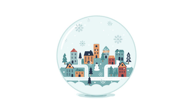 Charming winter snow globe containing a small village with houses, trees, and a snowman surrounded by falling snowflakes in flat vector style.