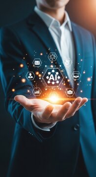 Businessman presenting an illuminated AI text with surrounding digital icons, symbolizing artificial
