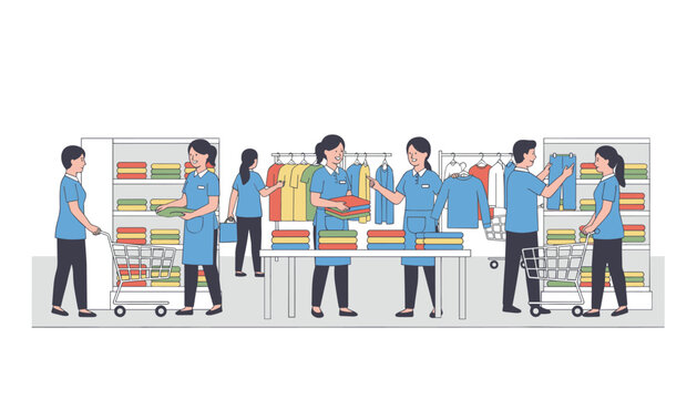 Retail store employees carefully organizing clothing apparel on shelves and tables while using shopping carts inside a busy fashion shop.
