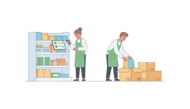 Retail store employees working together to restock inventory shelves and pack cardboard boxes for shipping in a busy warehouse facility.