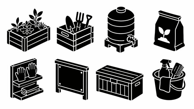 Set of garden tools icons including crate water tank and fertilizer bag