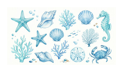 Sea Creatures Watercolor Set with Blue Ocean Starfish and Seashell Hand Drawn Illustration Collection © Sagor