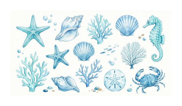 Sea Creatures Watercolor Set with Blue Ocean Starfish and Seashell Hand Drawn Illustration Collection