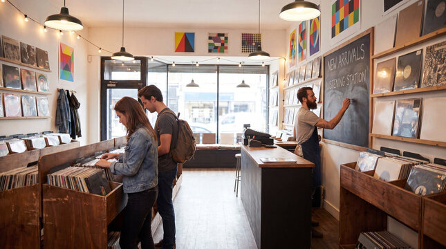 Independent record store interior with shoppers browsing vinyl bins and staff at chalkboard