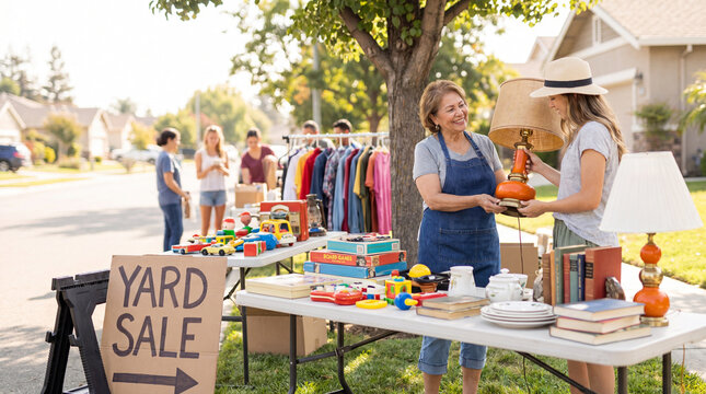 Neighborhood yard sale shopper with vintage lamp from seller at outdoor table