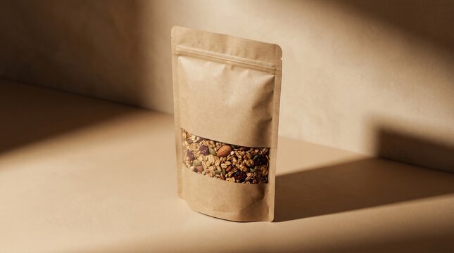 Blank brown kraft paper standup pouch with transparent window filled with granola on a brown background
