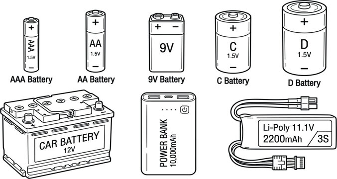 Hand Drawn Battery and Power Source Vector Icon Set Featuring AA AAA C D Nine Volt Car Battery Power Bank and LiPoly Accumulator Types