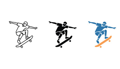 Skateboarder performing trick outline black silhouette and blue orange vector graphic icon representing extreme sports © TARU STOCKPLC