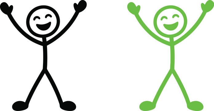 Black and green happy stick figure characters with arms raised in celebration