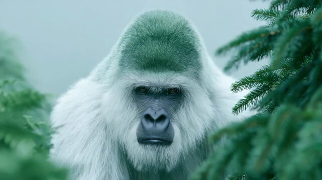 Slow static close up shot of silverback gorilla peering through evergreen branches in misty forest morning