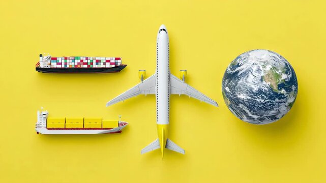 Static shot of transport models arranged on yellow tabletop showing airplane cargo ships and globe representing global logistics and trade